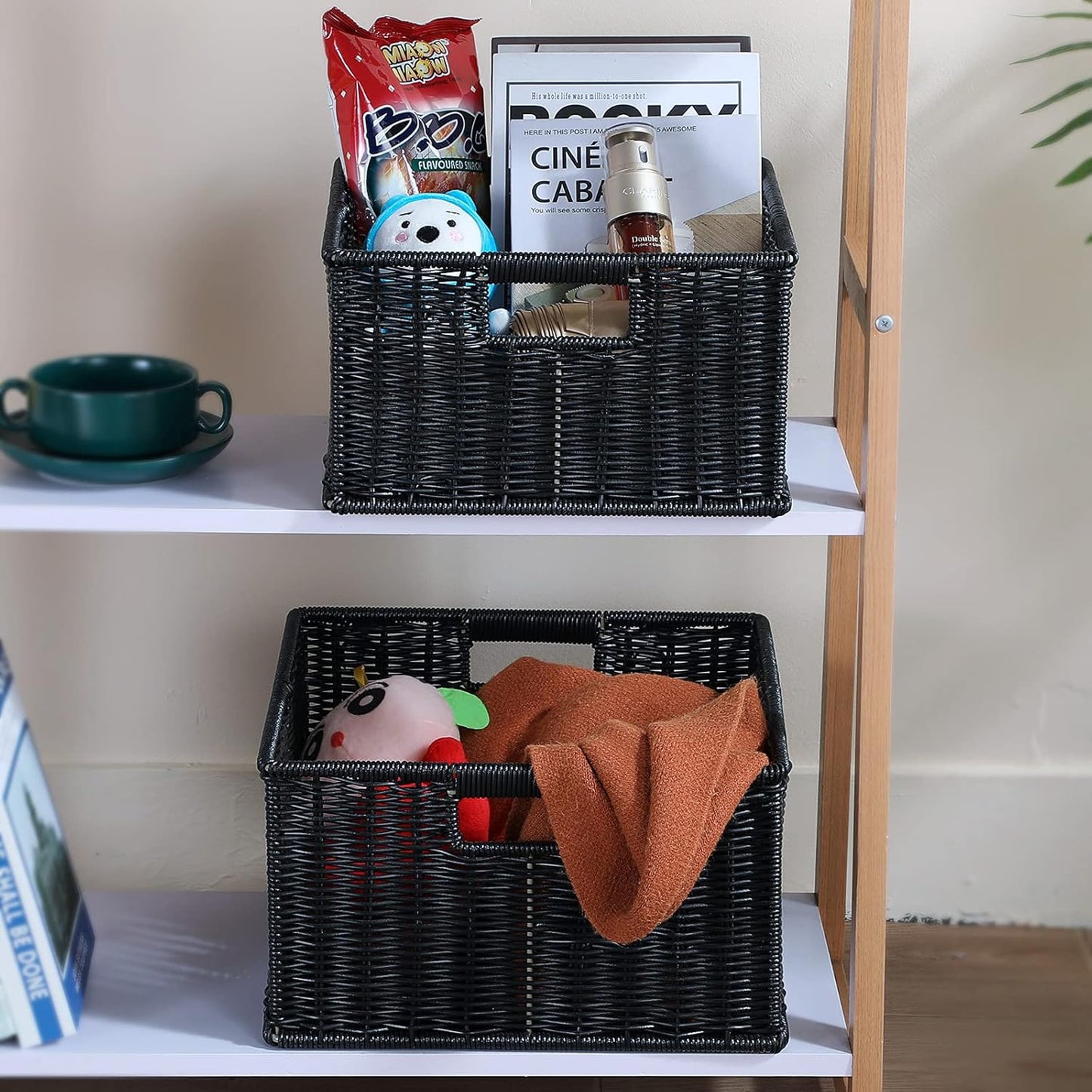 HOONEX Wicker Storage Baskets for Organizing, Decorative Woven Baskets for Storage with Carrying Handles, Set of 2, Black