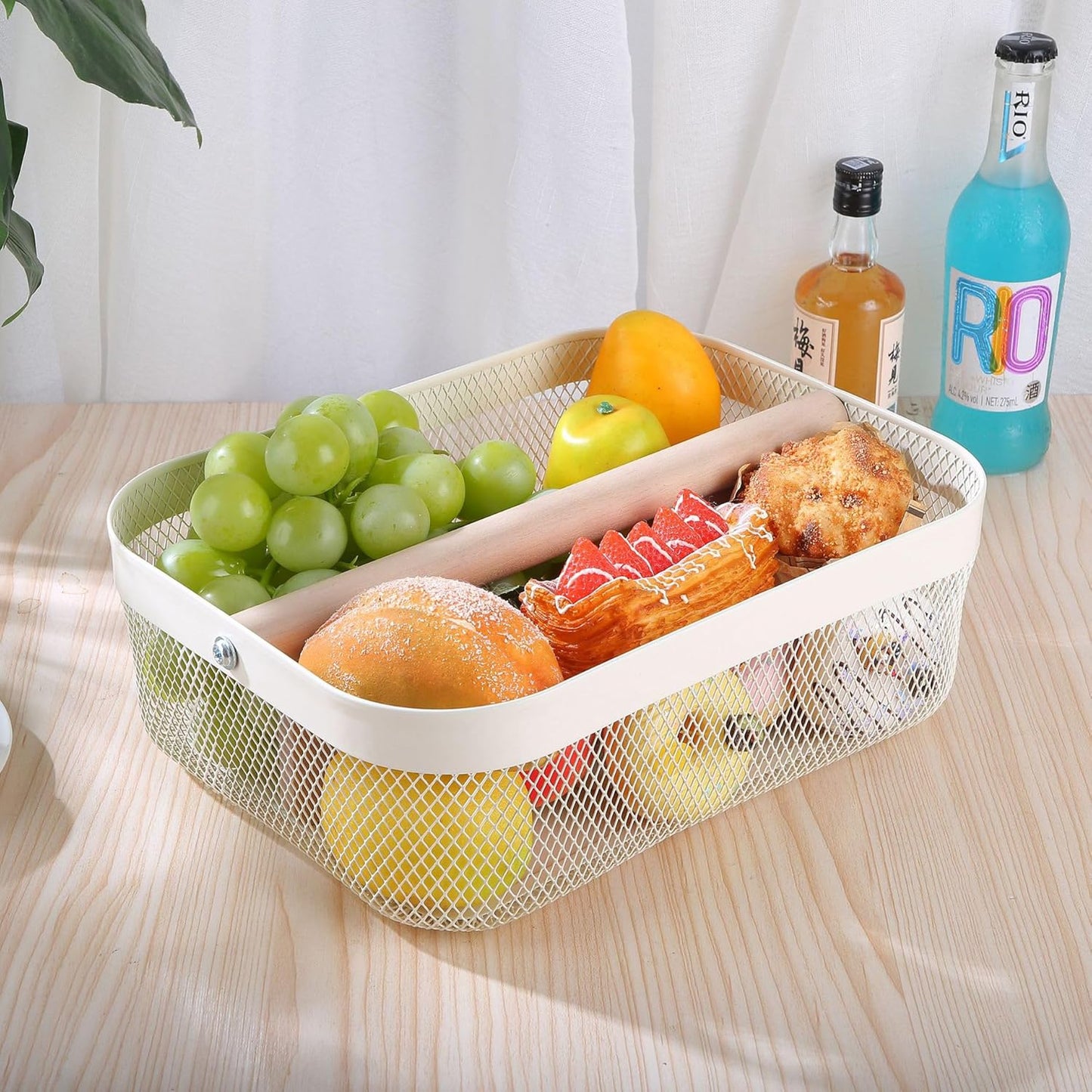 Metal Mesh Steel Storage Basket, Garden Harvest Wire Organizer Basket Multi-functional Kitchen Fruit Basket with Wooden Removable Partition & Handle for Bath Picnic Decor Cabinet, Cream White