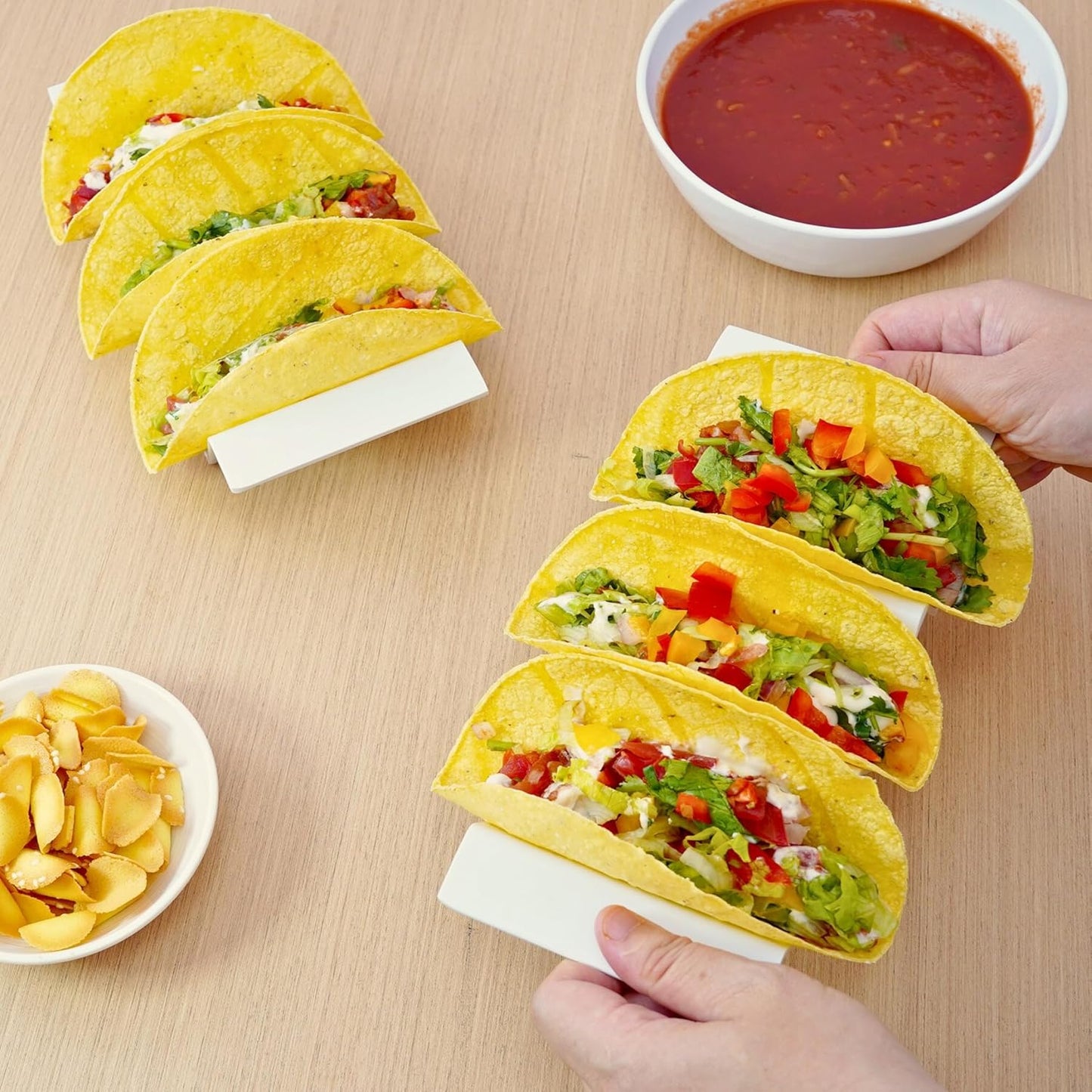 TP Taco Holder Stands, Set of 2 Melamine Large Taco Serving Rack Tray with Handle, Holds 3 Tacos, Dishwasher Safe, Ideal for Taco Night, Party, Home, Fiesta, White