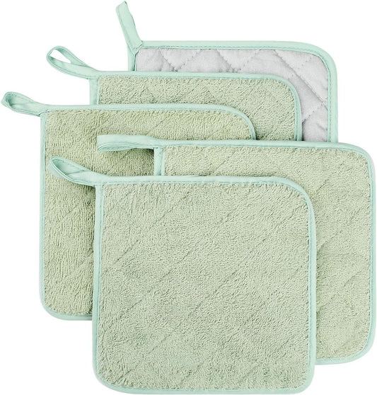 100% Cotton Kitchen Everyday Basic Terry Pot Holder Heat Resistant Coaster Potholder for Cooking and Baking Set of 5 Mint Green