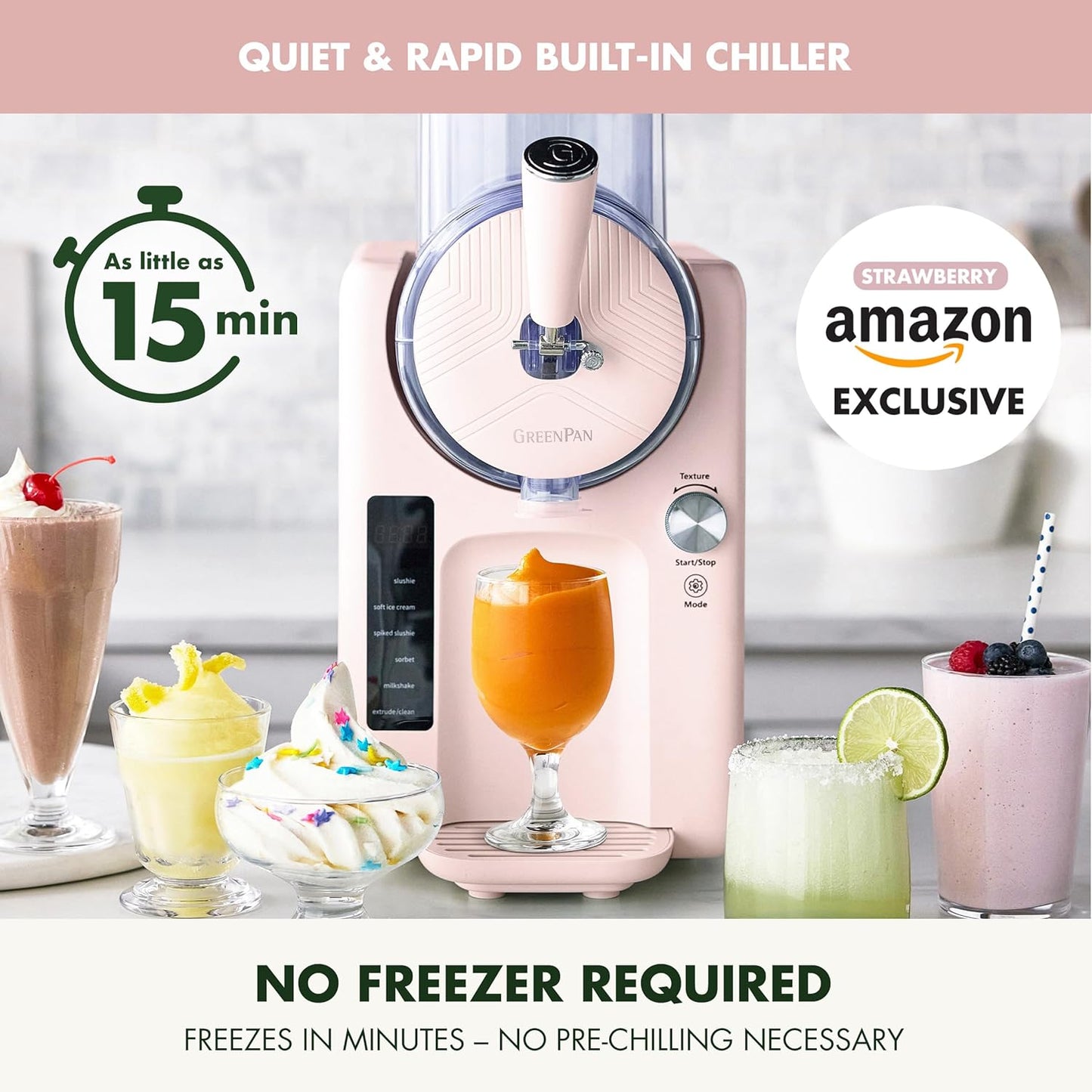 GreenPan Frost Ice Cream Machine & Frozen Drink Maker, Soft Serve, Slushie, Milkshakes & Cocktails, No Freezer Needed, 15-in-1, 7 Textures, Quiet & Rapid, Easy Clean, Family Size, Strawberry Pink