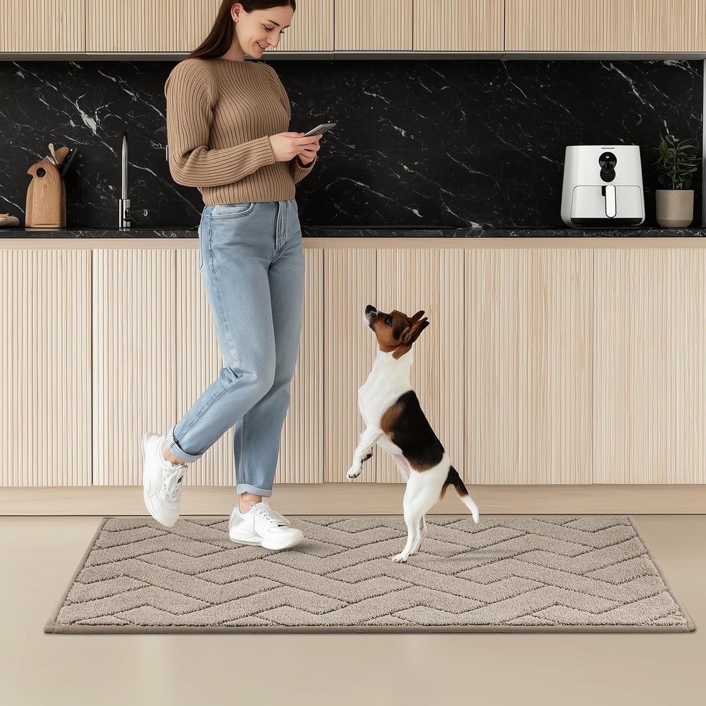 Machine Washable Kitchen Rugs Set (24" x 36"+24" x 60"), Non-Slip Kitchen Runner Rugs Mats for Floor, Absorbent Comfort Standing Mats for Kitchen, Sink and Hallway, Rolled Packaging, Taupe