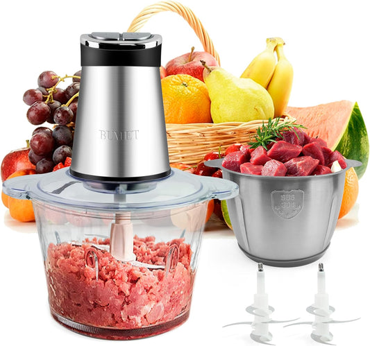 Electric Food Processor Meat Grinder 800W 2x12cups LED Timer Electric Food Chopper Vegetable chopper 3 layers 6 blades for Mincing Puree for home use kitchen aid for pet food,baby food by BUMET