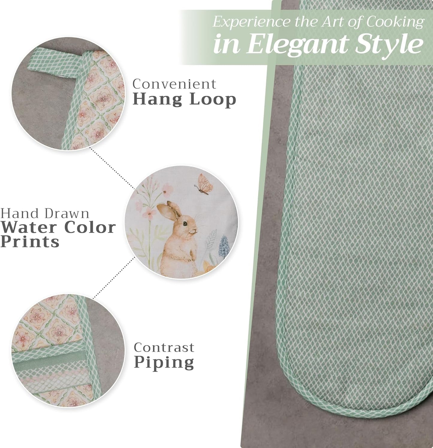 Maison d' Hermine Double Oven Mitts 100% Cotton 7"x35" Double Oven Mitt Heat Resistant BBQ Cooking Gloves with Loop, Baking, Grilling, Home, Kitchen, Handling Hot Pans Spring Summer (Easter Dew)