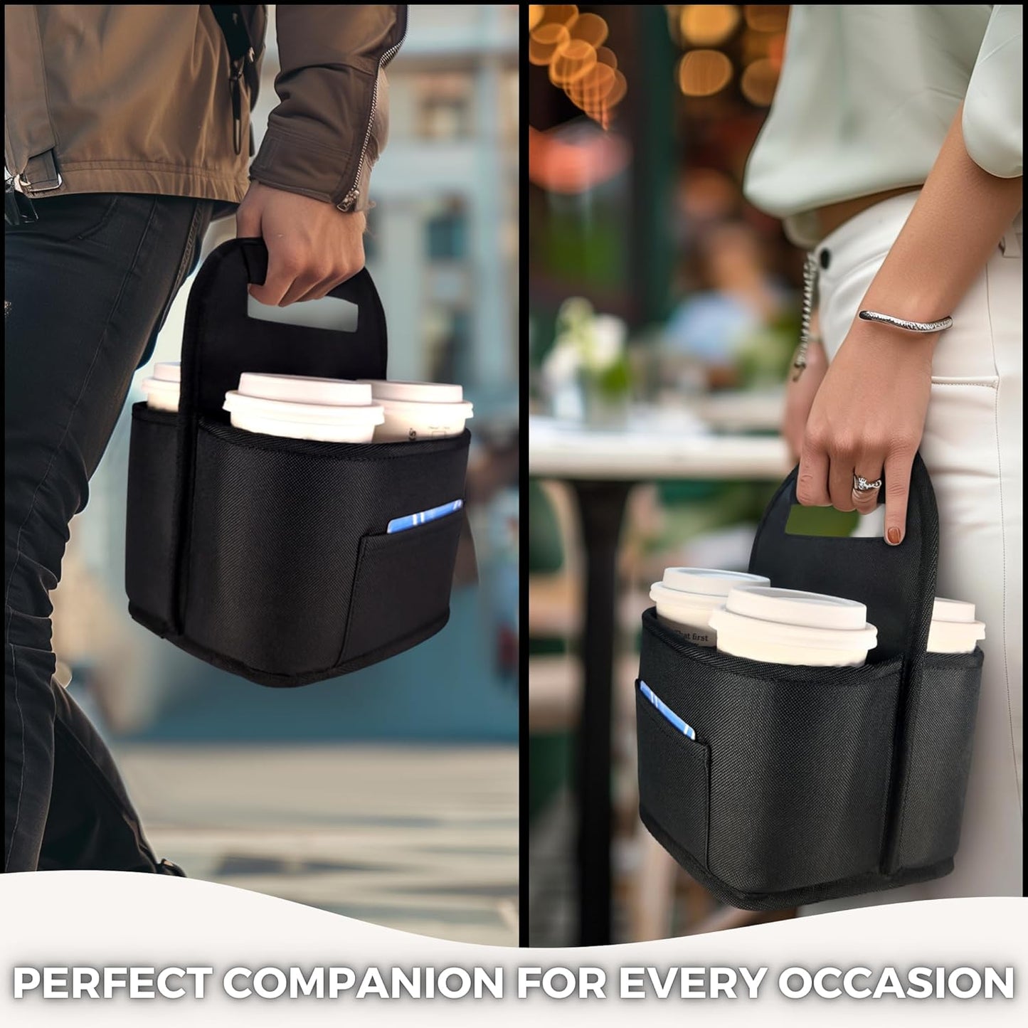 Insulated Reusable 4-Cup Drink Carrier with Adjustable dividers, Money Pocket, Straw Slot and Handle. Ideal for delivery, Takeout, Travel, and Outdoor use