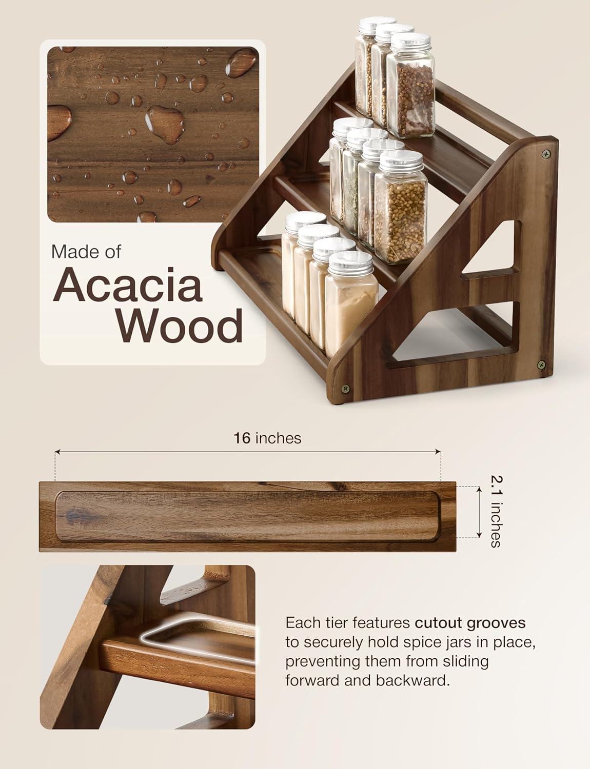 Tinamo Acacia Wood Spice Rack - Wooden 3-Tier Spice Rack Organizer for Countertop or Cabinet – Kitchen Spice Organizer and Seasoning Organizer Shelf (Walnut)