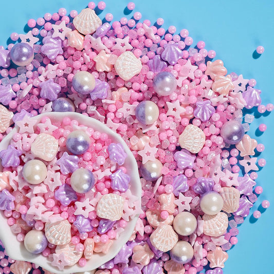 Edible Seashell Sprinkles Cake Decorating,130g/4.58oz,Pink Purple Pearl Sugar Sprinkle,Mix Sea Beach Stars Shell Sprinkles, Ocean Theme Baking Candy Decorations,Cupcake,Ice Cream Cookie Donuts Toppings,Birthday Children's Summer Party Supplies