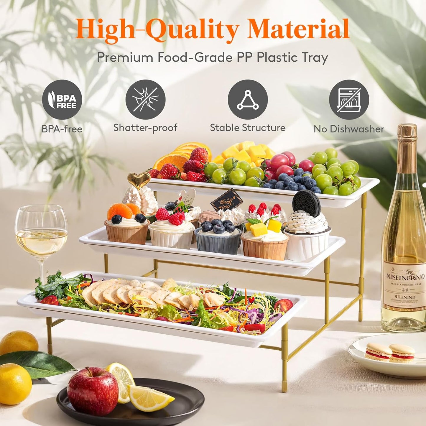 Lifewit Plastic 3 Tier Serving Tray for Party Supplies, 14" x 6.5" Crack-Proof Platters for Serving Food, White Reusable Trays with Yellow Metal Display Stand for Veggie, Fruit, Cookies, Dessert