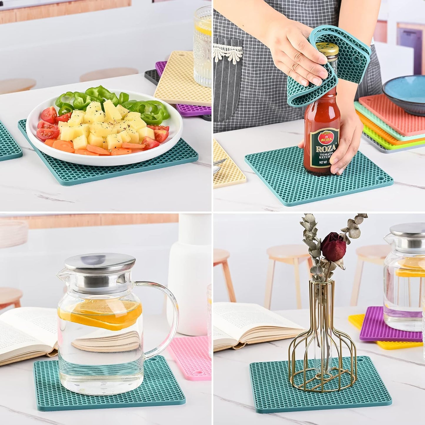 Silicone Trivets for Hot Dishes, Trivet Hot Pads for Kitchen, Trivets for Hot Pots and Pans, Multi Use Silicone Pot Holders Trivet Mat, Heat Resistant Mats for Countertop Set 4 Light Gray