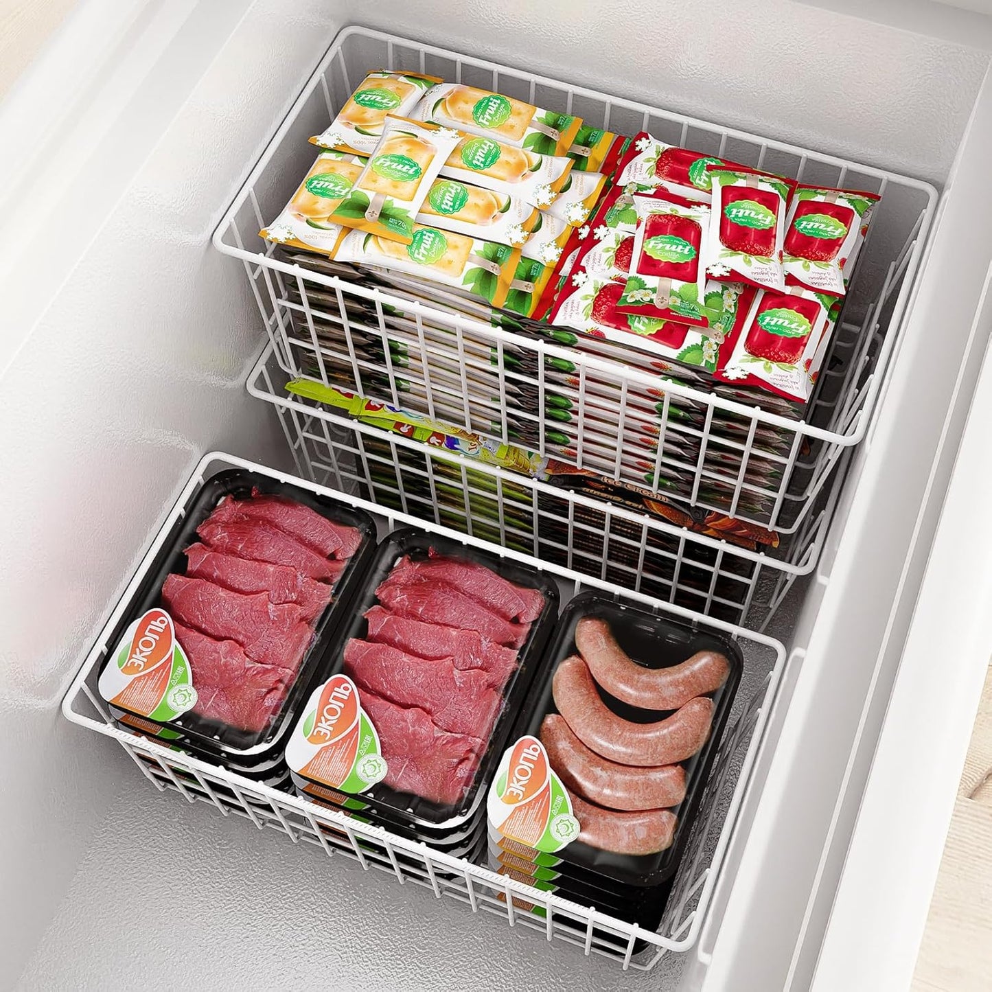 Orgneas Freezer Organizer Bins, Freezer Baskets for Chest Freezer and Upright Freezer Refrigerator Dividers Frozen Meats Storage Containers Organizer for Fruits and Vegetables, 5 Packs