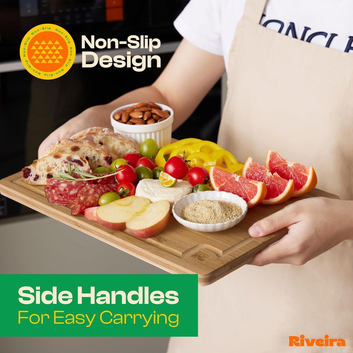 Riveira Brown Bamboo Wood Cutting Board – Gourmet Bamboo Grandeur: 20 x 30 Wooden Cutting Board – Wooden Cutting Boards For Kitchen Decorative – Innovative Juice Grooves Wooden Chopping Board