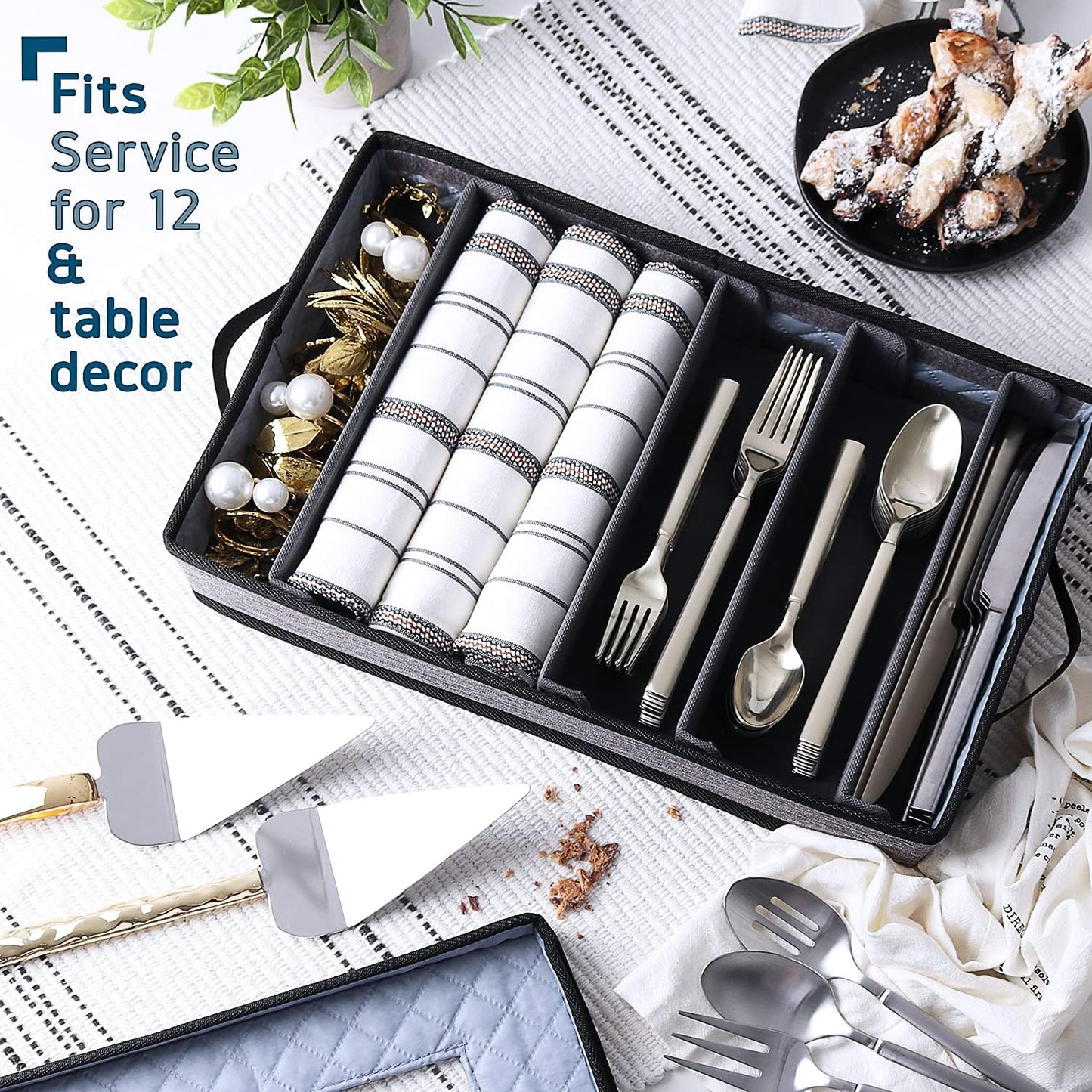 Flatware & Utensil Storage, Durable Silverware Storage Box with Padded Dividers, 5 Compartment Flatware Storage Case, Silverware Case with Handles and Removable Lid - Protects and Organizes Cutlery