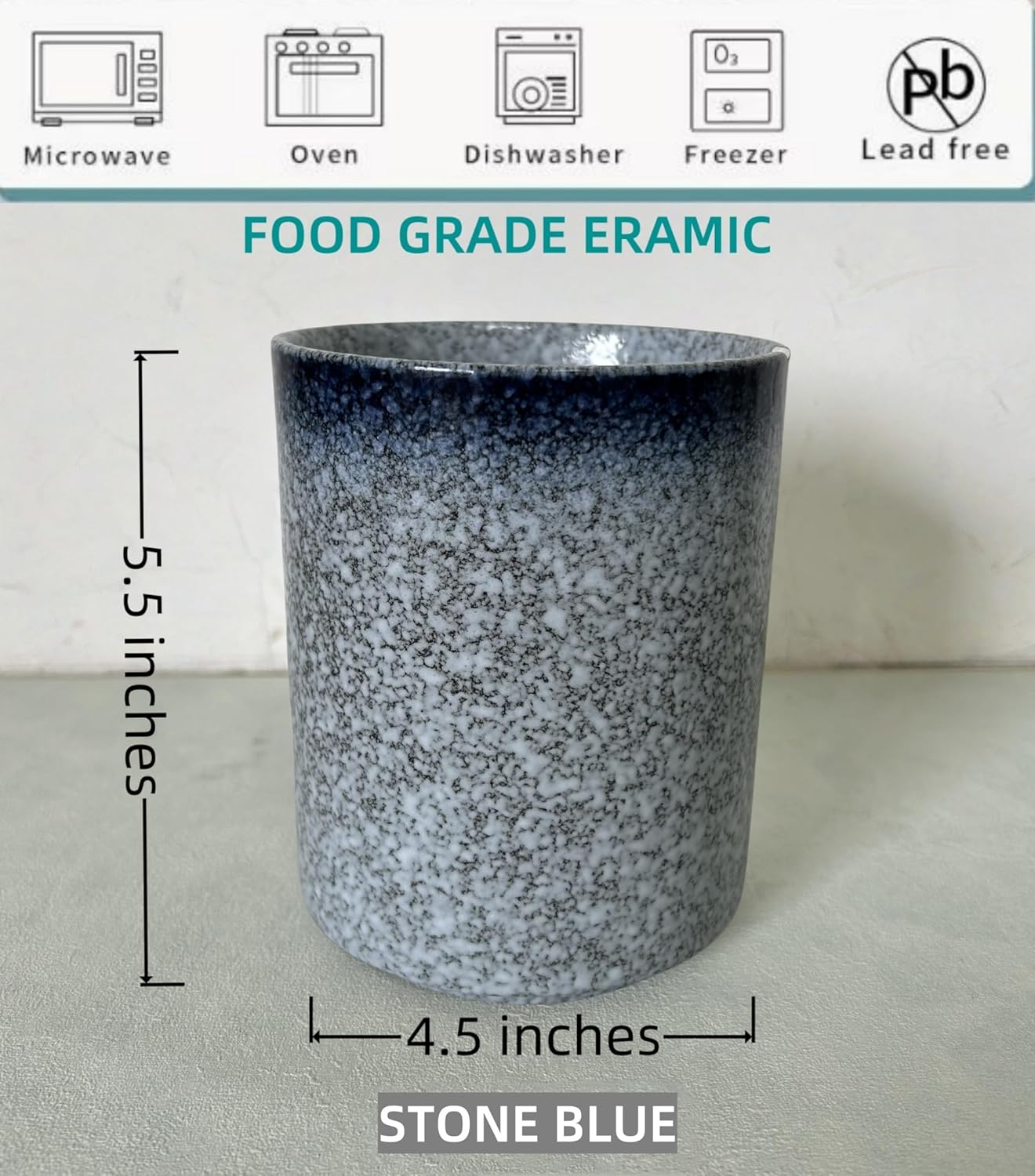 Medium Stoneware Kitchen Utensil Holder for Kitchen Counter Short Cooking Utensil Holder for Countertop Spatula Holder Small Utensil Crock Cutlery Holder Silverware Caddy Flower Vase (Stone Blue)