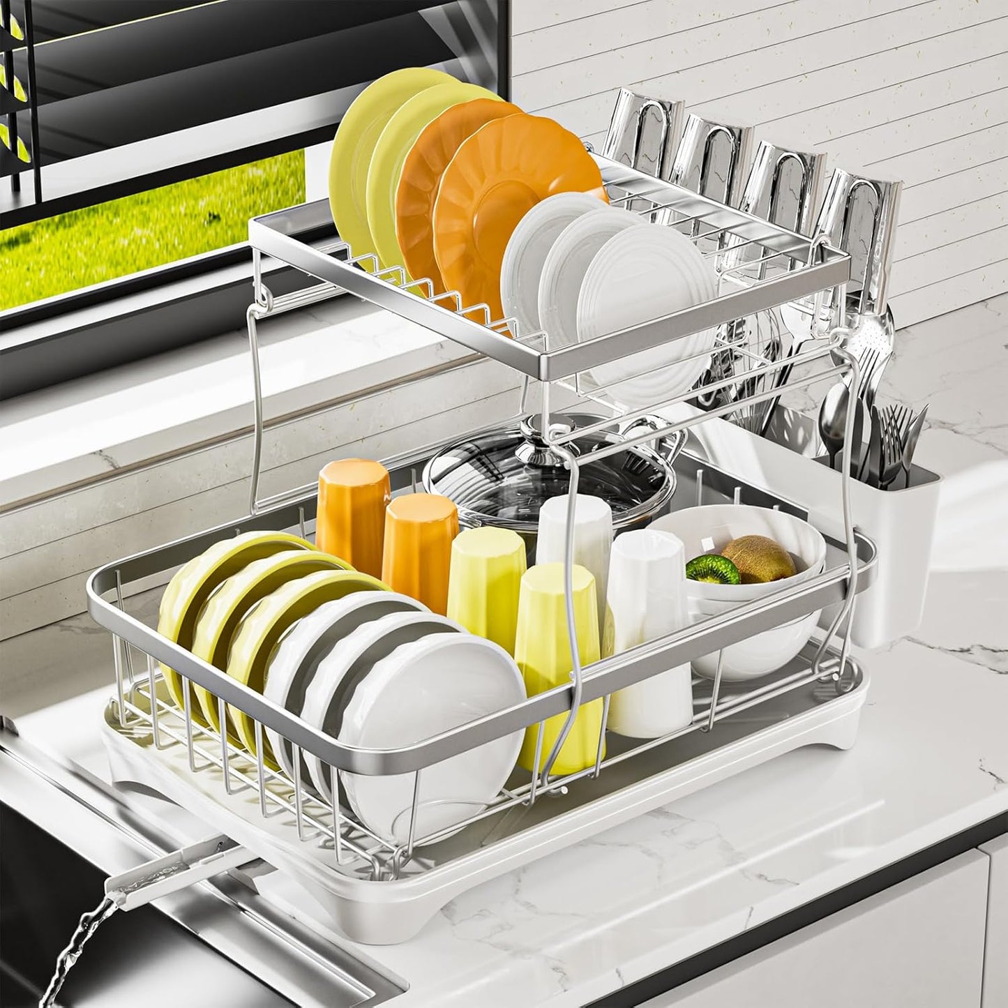 Dish Drying Rack Kitchen 2-Tier 304 Stainless Steel Dish Racks for Kitchen Counter,Strainer with Adjustable Draining Tray,Drying Rack with Water Cup Hook & Cutlery Holder,White