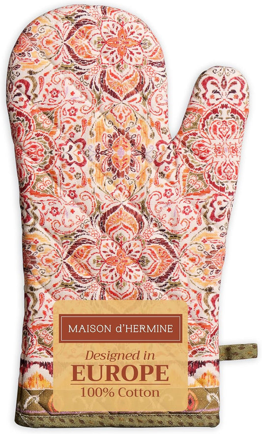 Maison d' Hermine Oven Gloves 100% Cotton Oven Mitt 7" x 13" with Loop Heat Resistant, BBQ, Cooking Gloves, Baking, Grilling, Kitchen, Handling Hot Pans (Pack of 1, Damask)