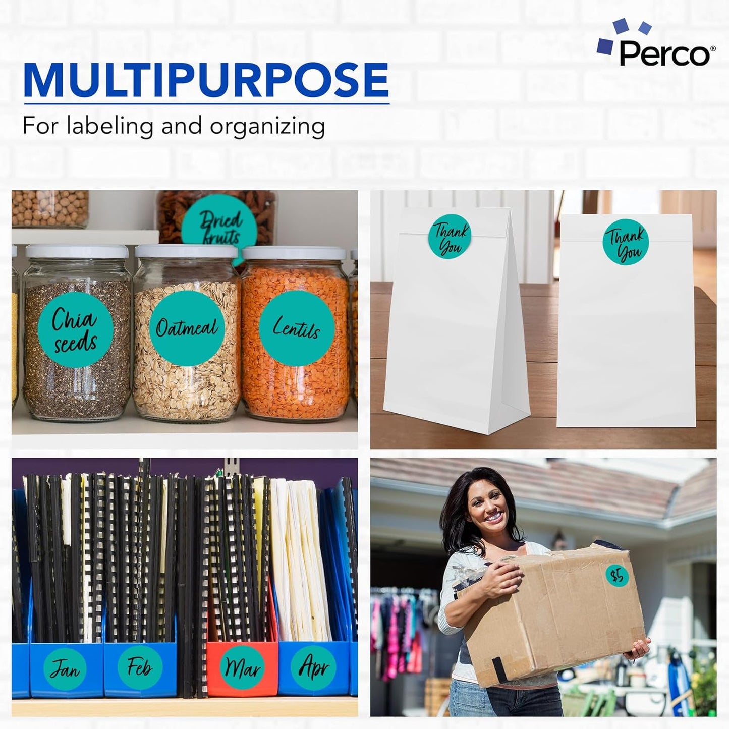 Perco Teal 3-Inch Round Circle Dot Sticker Labels - Multi-Roll Pack (3 Rolls, 500 Labels Each) - Permanent Adhesive, Vibrant Colors, Strong Hold - Perforated for Easy Use - Made in USA