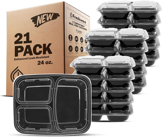 Freshware Meal Prep Containers 21 Count (Pack of 1), 3 Compartment with Lids, Food Storage Containers, Bento Box, Stackable, Microwave/Dishwasher/Freezer Safe (24 oz)