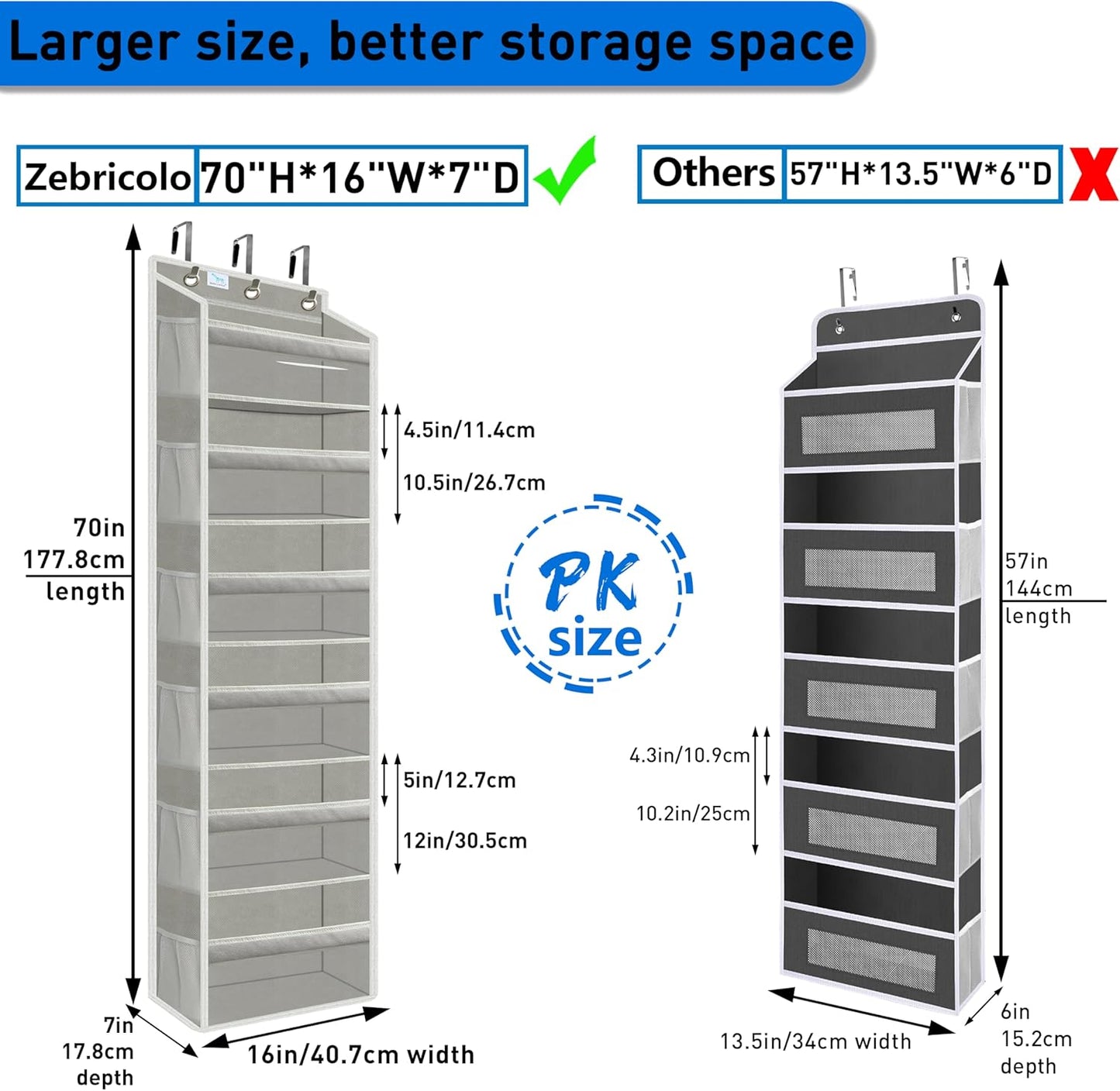 over the door organizer, Solid Bamboo Board (Not Plastic!) 6-Tier Heavy Duty 75LB, 12 Side Pockets, 3 Reinforced Hooks & Anti-Slip Pads, Waterproof & Washable, No Sagging, No Door Damage,Grey