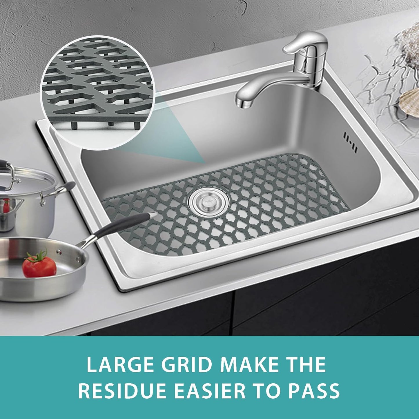 Sink Protectors for Kitchen Sink 19x14 & 21x16 & 26x14 & 28x14.4 & 30x16, Large Silicone Sink Mats Grid for Bottom of Farmhouse Stainless Steel Sink (30”x16”, Rear Drain)