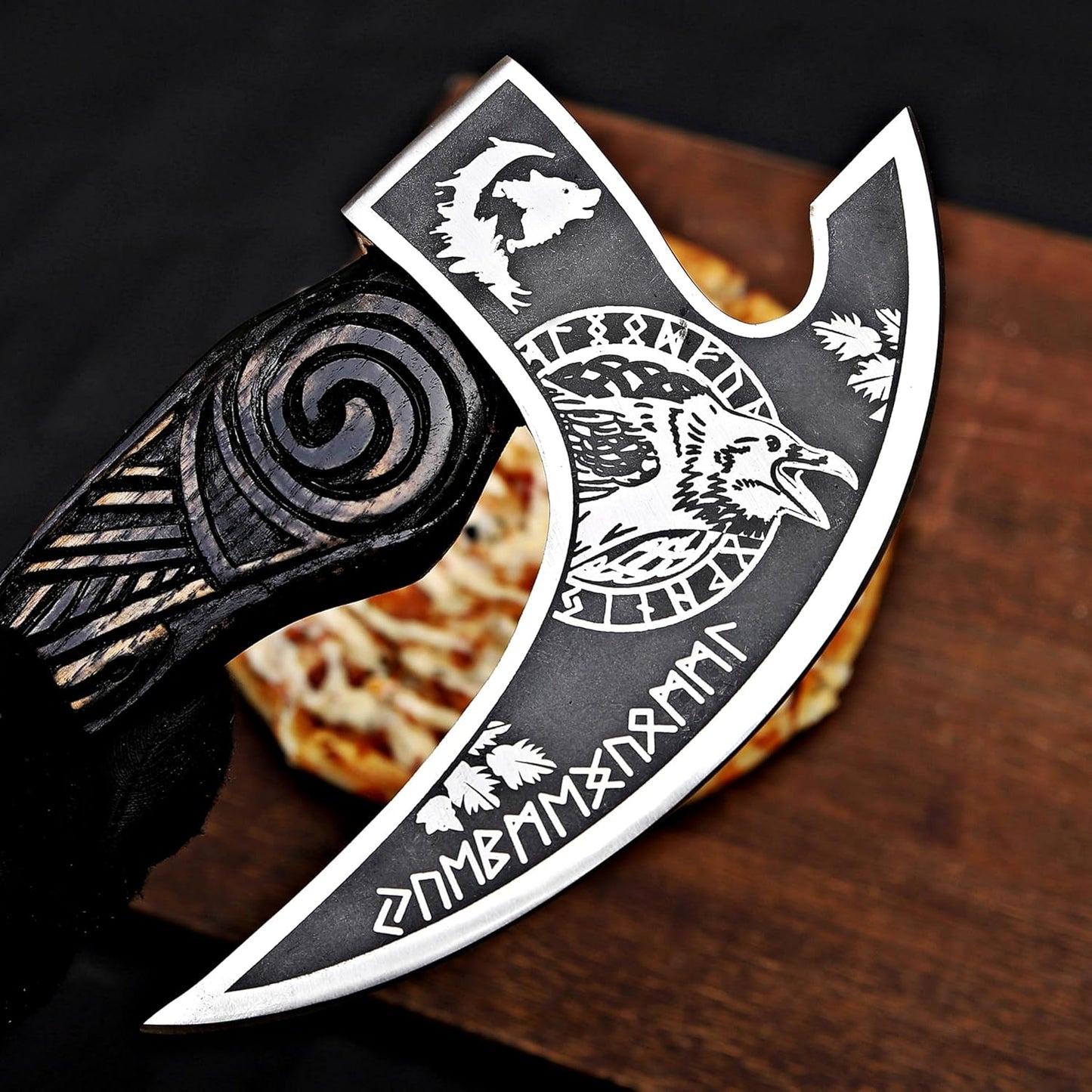 MR. CRAFT Pizza Cutter Axe Rocker Carbon Steel Slicer Chef Pizza Cutter Viking Axe with Leather Cover - Premium Pizza Oven Accessories Ulu Rocking Pizza Gift Gifts for Men (American Eagle)