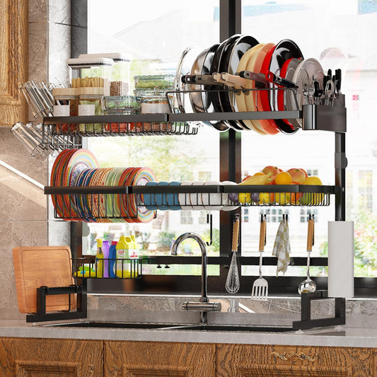 ADBIU Over Sink Dish Drying Rack (Expandable Height/Length) Snap-On Design Large Dish Drainer Storage Counter Organizer 32-40L x 12W x 34-38H (inches)
