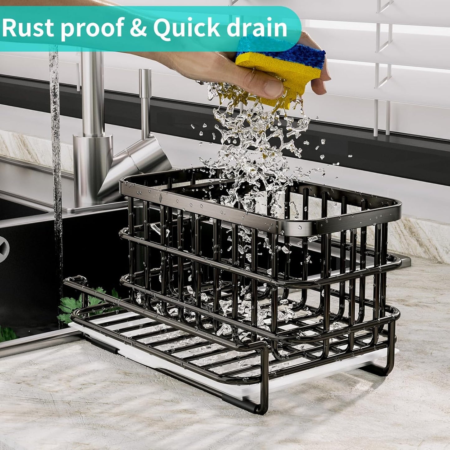 HapiRm Kitchen Sink Organizer, SUS304 Stainless Steel Rustproof Multifunctional Sink Caddy with Sponge Holder and Drain Tray for Kitchen Countertop (Black)