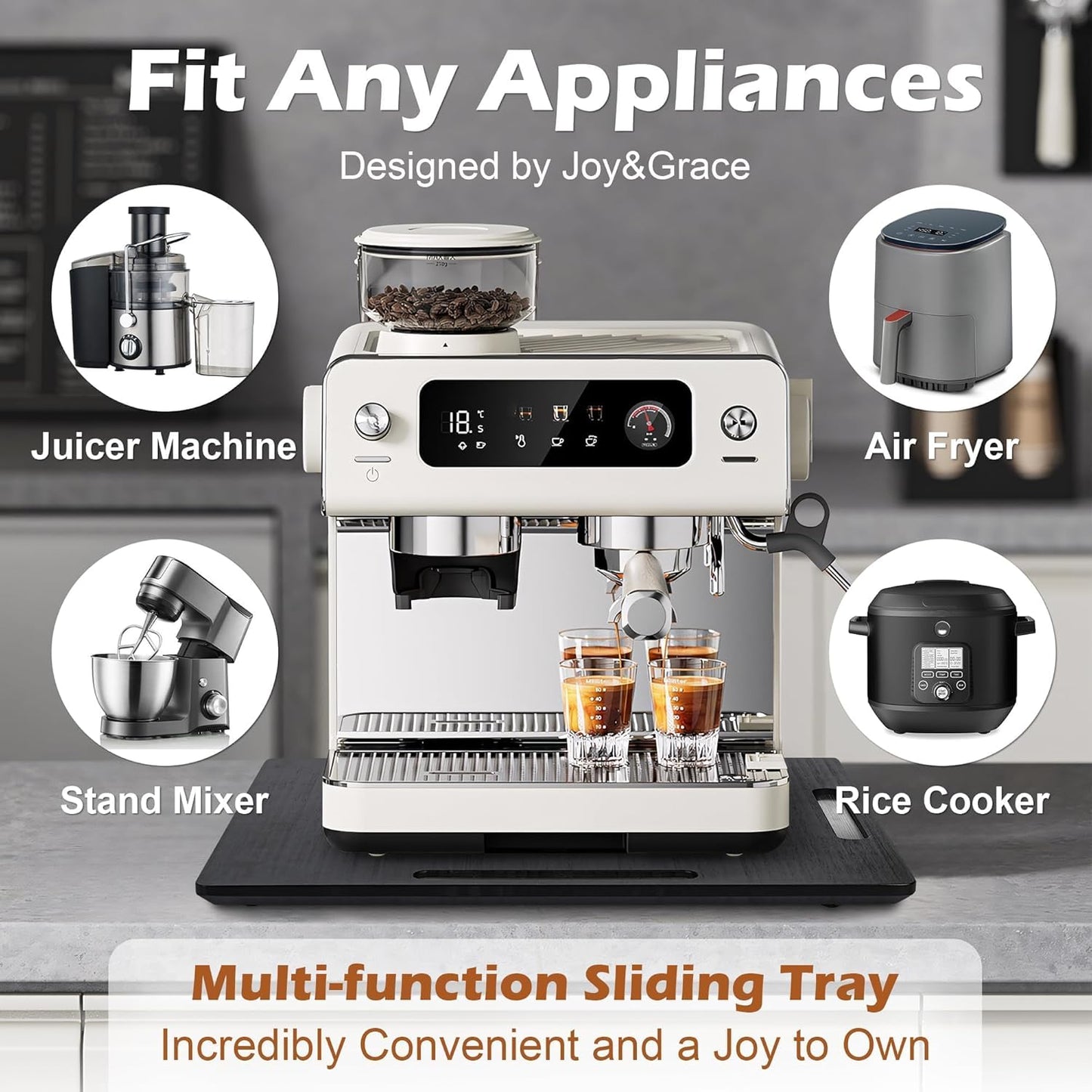 Joy&Grace Appliance Slider for Kitchen Appliances 360° Rolling Sliding Tray for Coffee Maker Countertop, Bamboo Coffee Pot Slider Rolling Tray (Black, Medium 14.5" x 10")