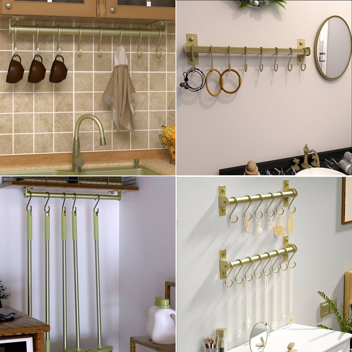 Dseap Kitchen Utensil Holder Hanger, Pot and Pan Rack Wall Mounted, Kitchen Rail with 8 Hooks for Hanging Cooking Utensils, Mugs, Spoons, Wall Mounted, Champagne Color, Pack of 2