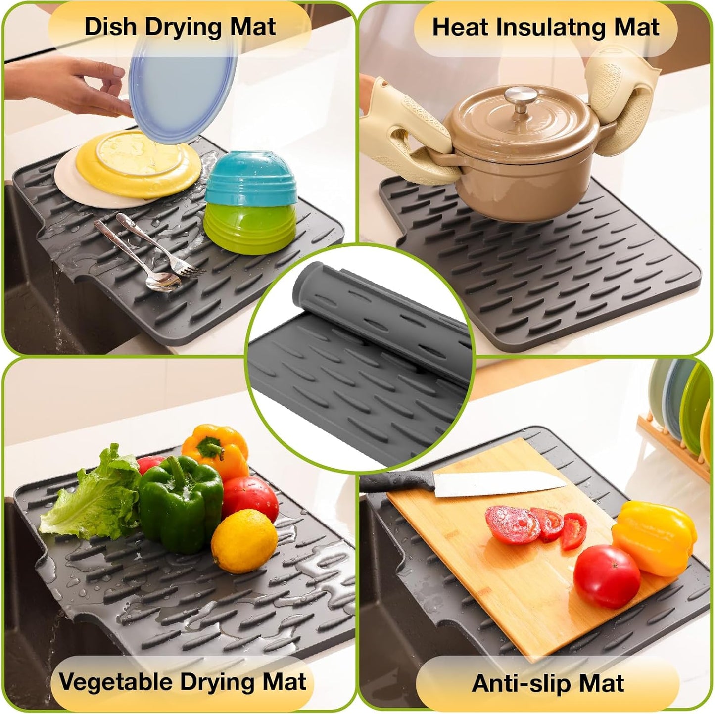 CHIKILLA Silicone Dish Drying Mat for Kitchen Counter, Fast Drainage Design for Vegetables Fruits, Heat Resistant, Non-Slip , Dishwasher Safe – 15.7x13 inch Silk Gray