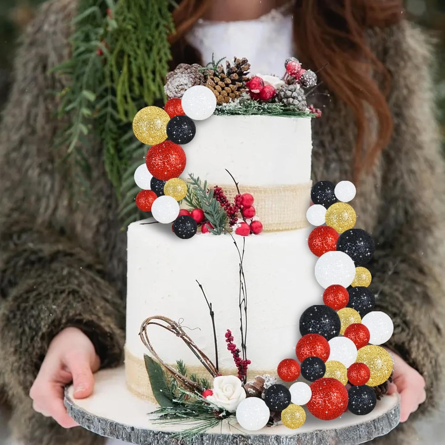 BEISHIDA 40 Pcs Foam Ball Cake Toppers with Sticks Mini Cake Decorations for Birthdays, Weddings, Baby Showers, DIY Baking Supplies, Anniversary Party (Red, Black, White，Gold)