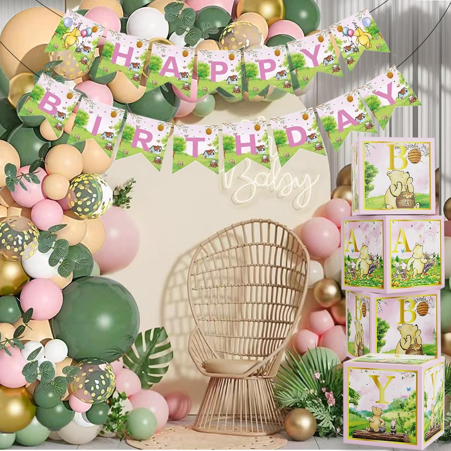 Winnie Birthday Party Banners Classic Pooh Happy Birthday Decoration Banners Signs for Kids Girls 1st Baby Shower Decorations Winnie Birthday Party Supplies