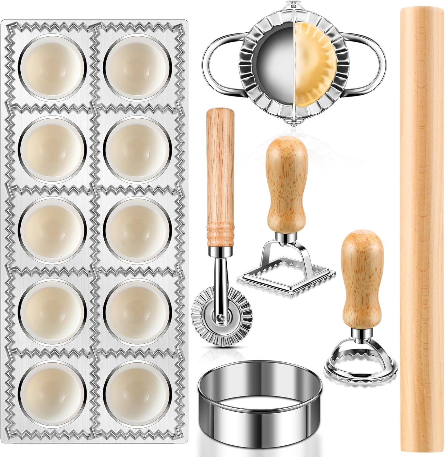 8 Pieces Ravioli Mold Set, ravioli cutter, Ravioli Maker Cutter with Roller Wheel, Ravioli Cutter Set with Wooden Handle, Pasta Making Kit for Ravioli Press Mold. Suitable for home and restaurant us