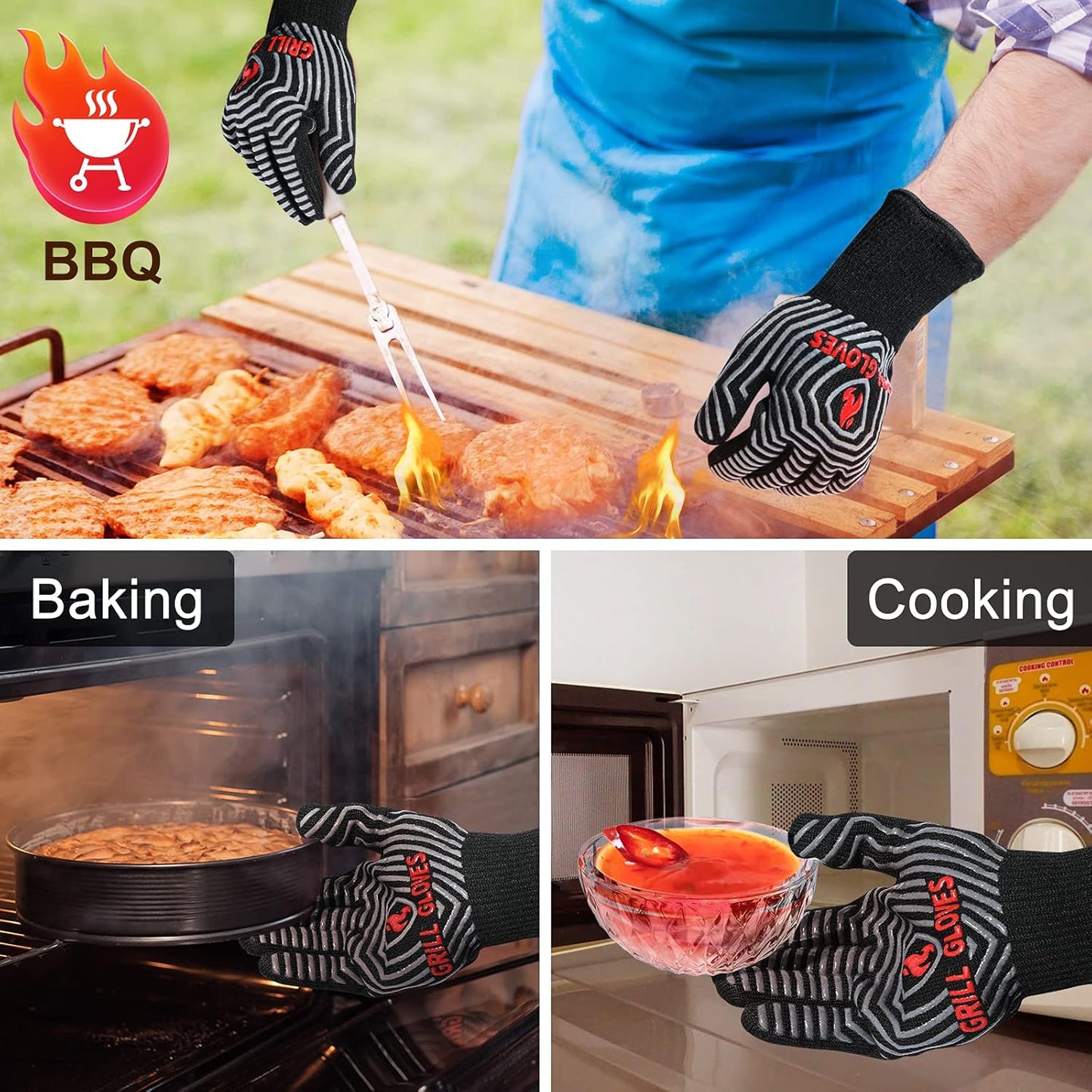 QUWIN BBQ Gloves, Oven Gloves 1472℉ Extreme Heat Resistant, Grilling Gloves Silicone Non-Slip Oven Mitts, Kitchen Gloves for BBQ, Grilling, Cooking, Baking-1 Pair… (Black, One Size(Long Cuff))