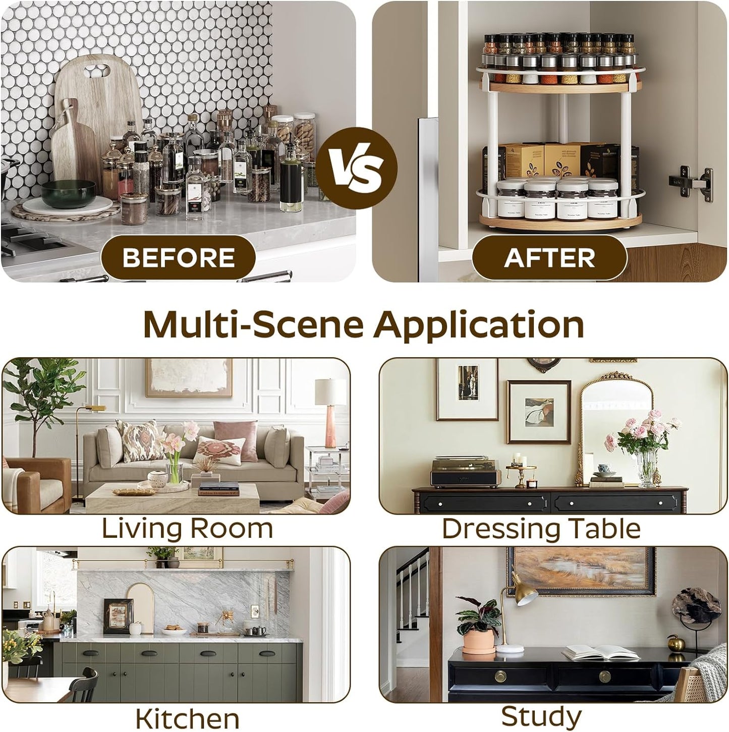 Lazy Susan Organizer, Rotating Spice Rack, 2 Tier Spice Turntable Organizer, Industrial Turntable Spice Holder, for Kitchen Countertop, Compact and Versatile, White and Natural SR22WN