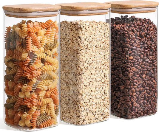 ComSaf 1.9 Qt Glass Storage Containers with Lids, Glass Jars with Lids, Clear Food Storage Jar, Square Canister Set of 3, Pantry Organizers and Storage for Flour Rice Pasta Tea Coffee Bean