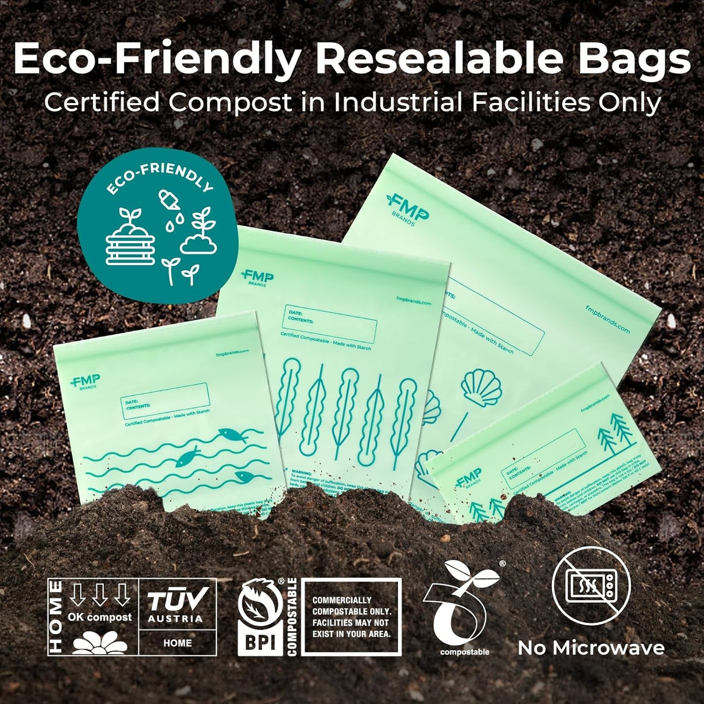 Fit Meal Prep 50 Pack 100% Compostable Sandwich Bags, 6.5 x 6.7" Resealable Food Storage Freezer Bags, Eco Friendly Snack Bags for Travel, ASTM D6400, US BPI & EU OK Compost Certified