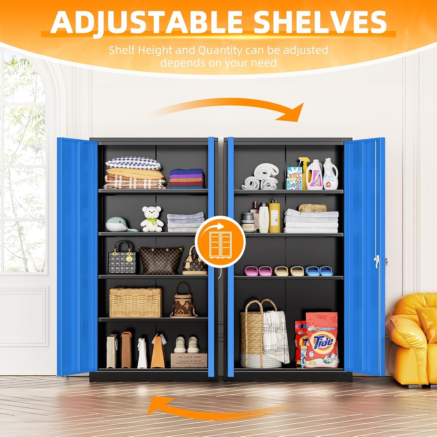 INTERGREAT Storage Cabinet, 72” Steel Locking Closet with Doors and 4 Adjustable Shelves, Tool Unit for Home Office, Garage & Tall Lockable File Cabinet, Black Blue.