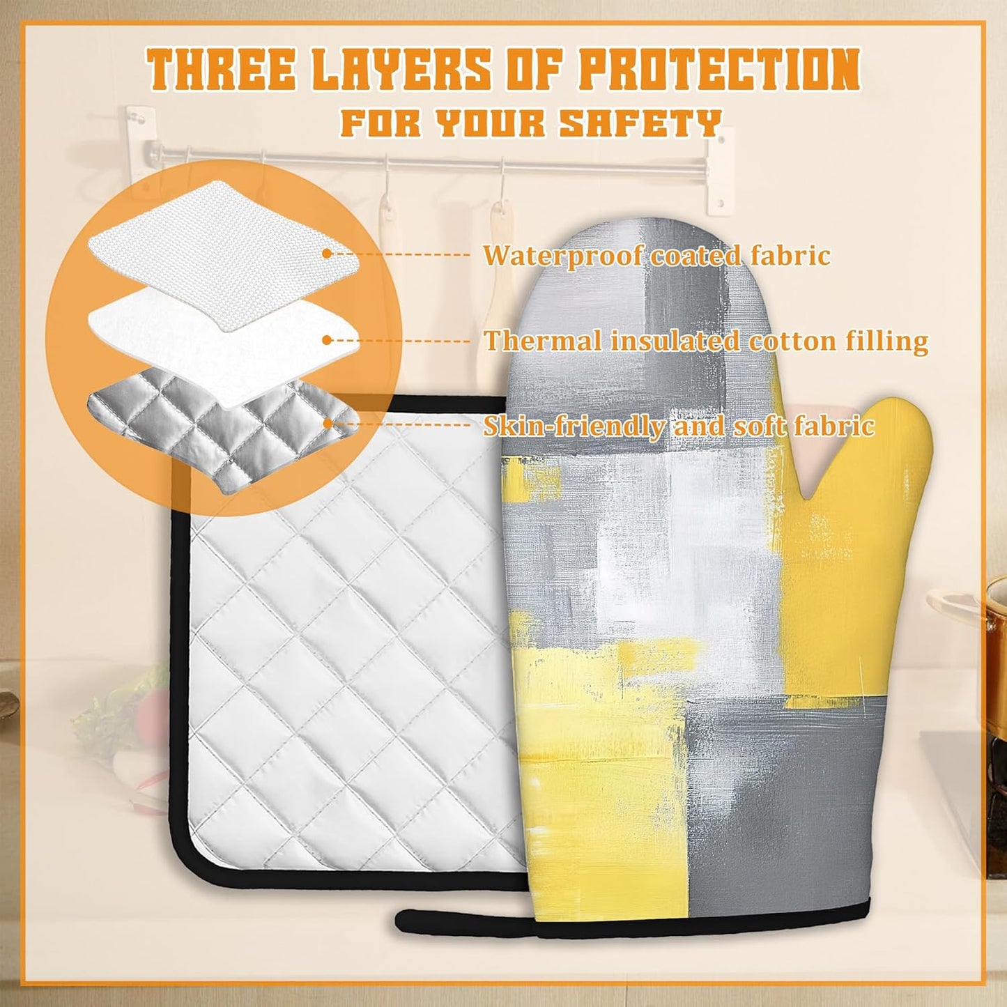 Yellow Gray Modern Art Oven Mitts and Pot Holders,Heat Resistant Oven Mitts Gloves and Pot Holder for Home Kitchen Decorations Cooking Baking BBQ Gifts,Set of 4