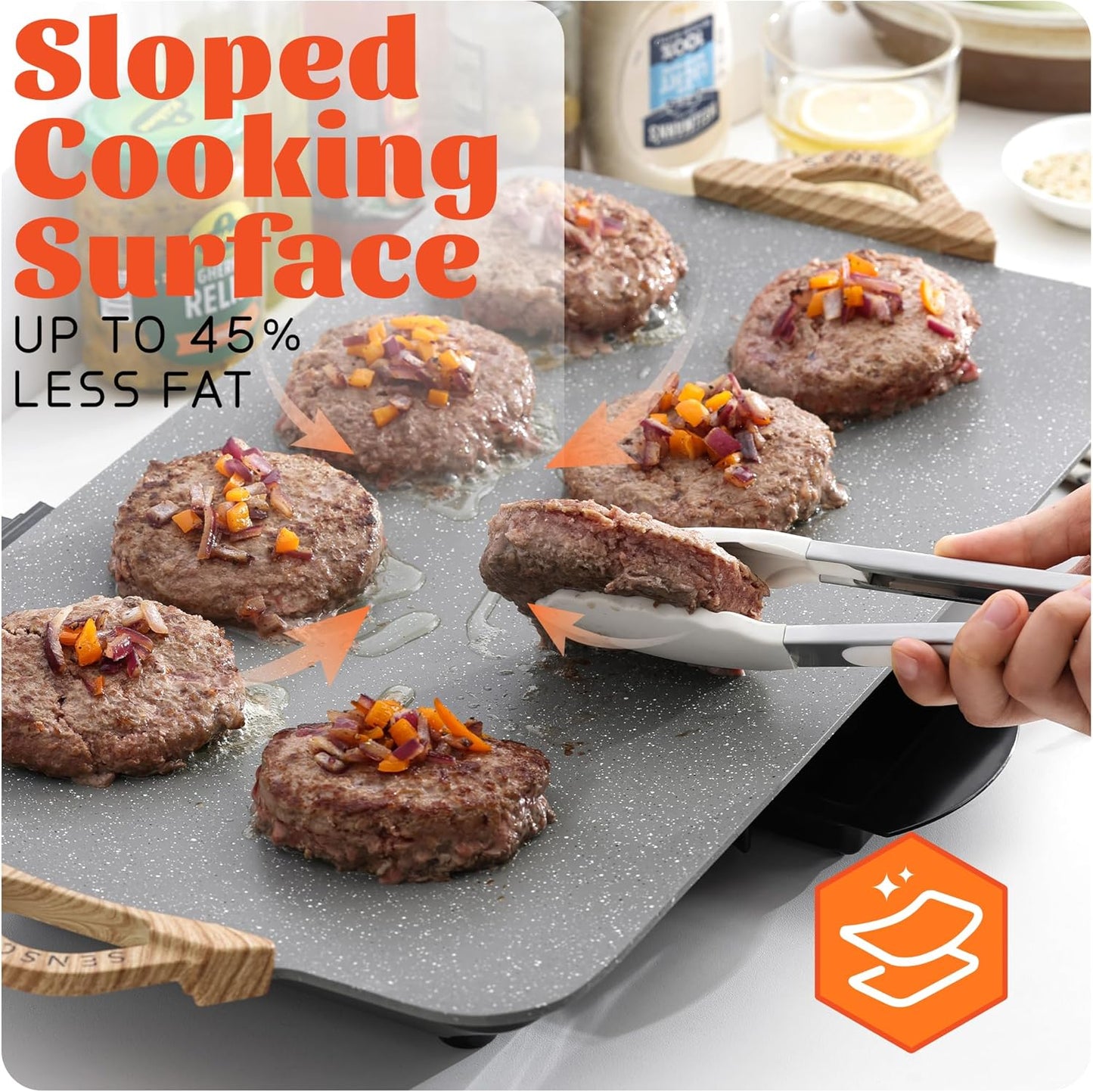 12x20inch Electric Griddle by BBQ Masters, 1700W Fast Even Heating, ILAG Granite Nonstick, Sloped Cooking Surface, Frameless Design for Easy Cleaning, Great for Family Gatherings, Grey