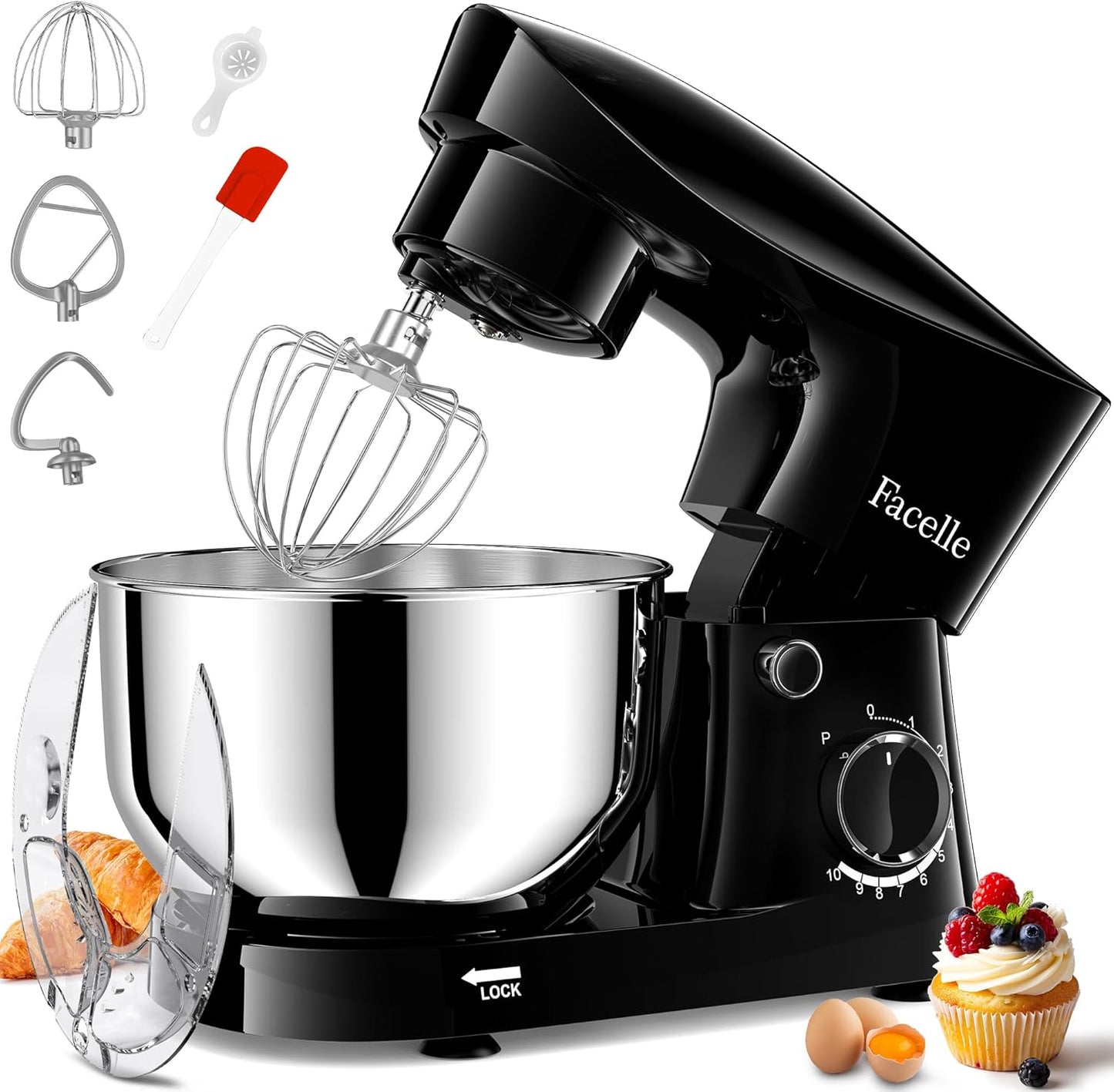 Facelle Stand Mixer, 10-Speed 6QT Kitchen Electric Mixer, Tilt-Head Food mixer with Beater, Dough Hook, Wire Whip and Egg Separator, scraper for Most Home Cooks - Black