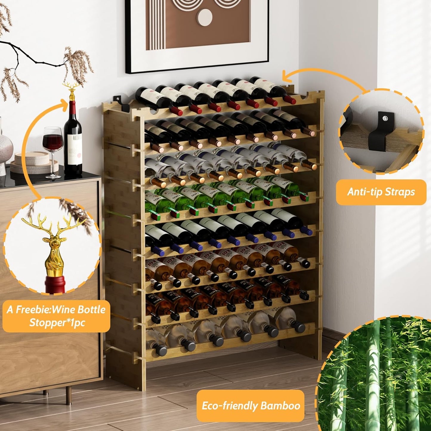 Wine Rack Freestanding Floor, Bamboo 8-Tier 69 Wine Bottle Holder Racks Countertop Cabinet Display, Wooden Stackable Modular Wine Storage Organizer Shelves for Kitchen Bar Cellar Dining Room Walnut