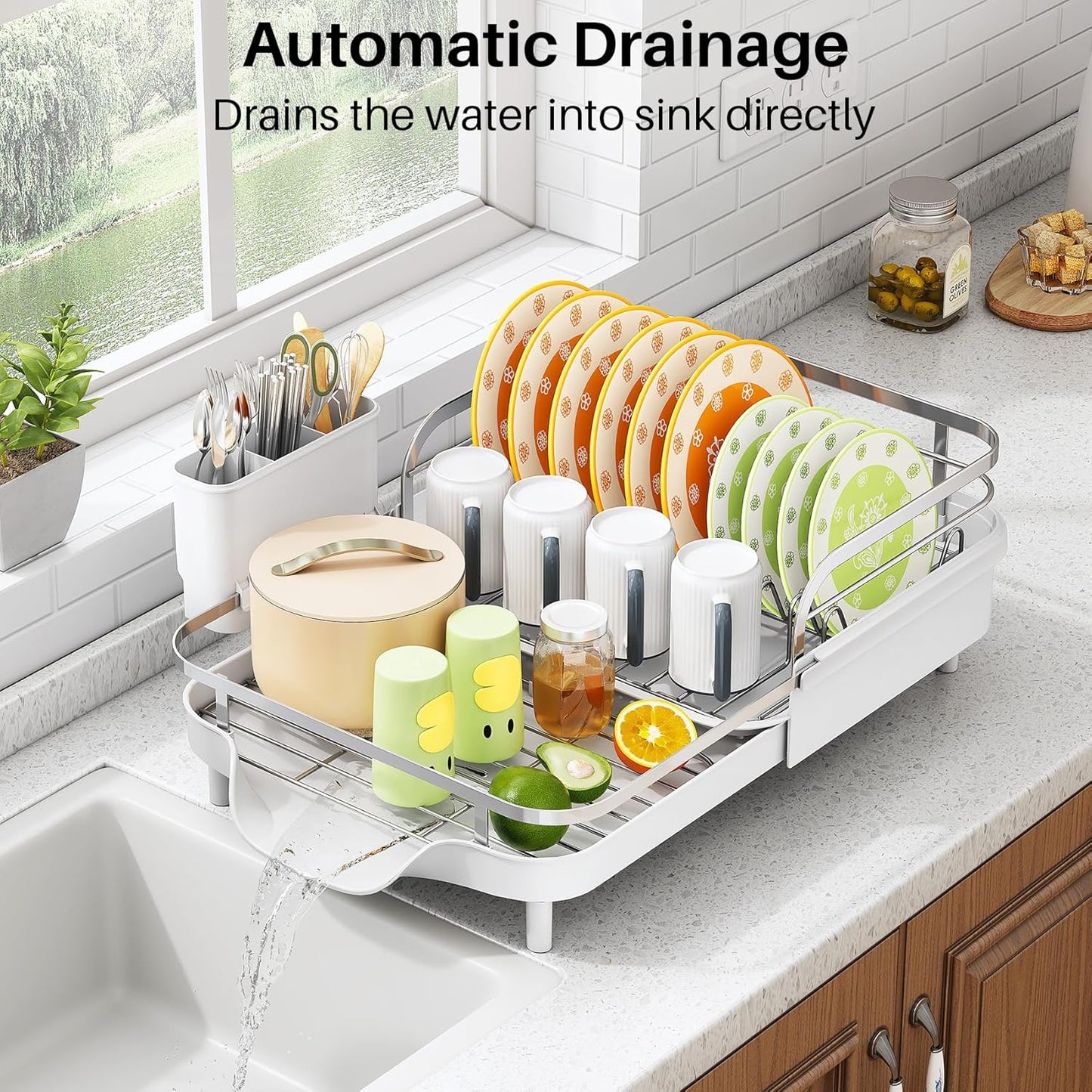 SAYZH Dish Drying Rack - Expandable Dish Rack for Kitchen Counter, Rust-Resistant Dish Drainer with Utensil Holder and Raised Guardrail, Kitchen Organizer for Cup and Bottle (White)