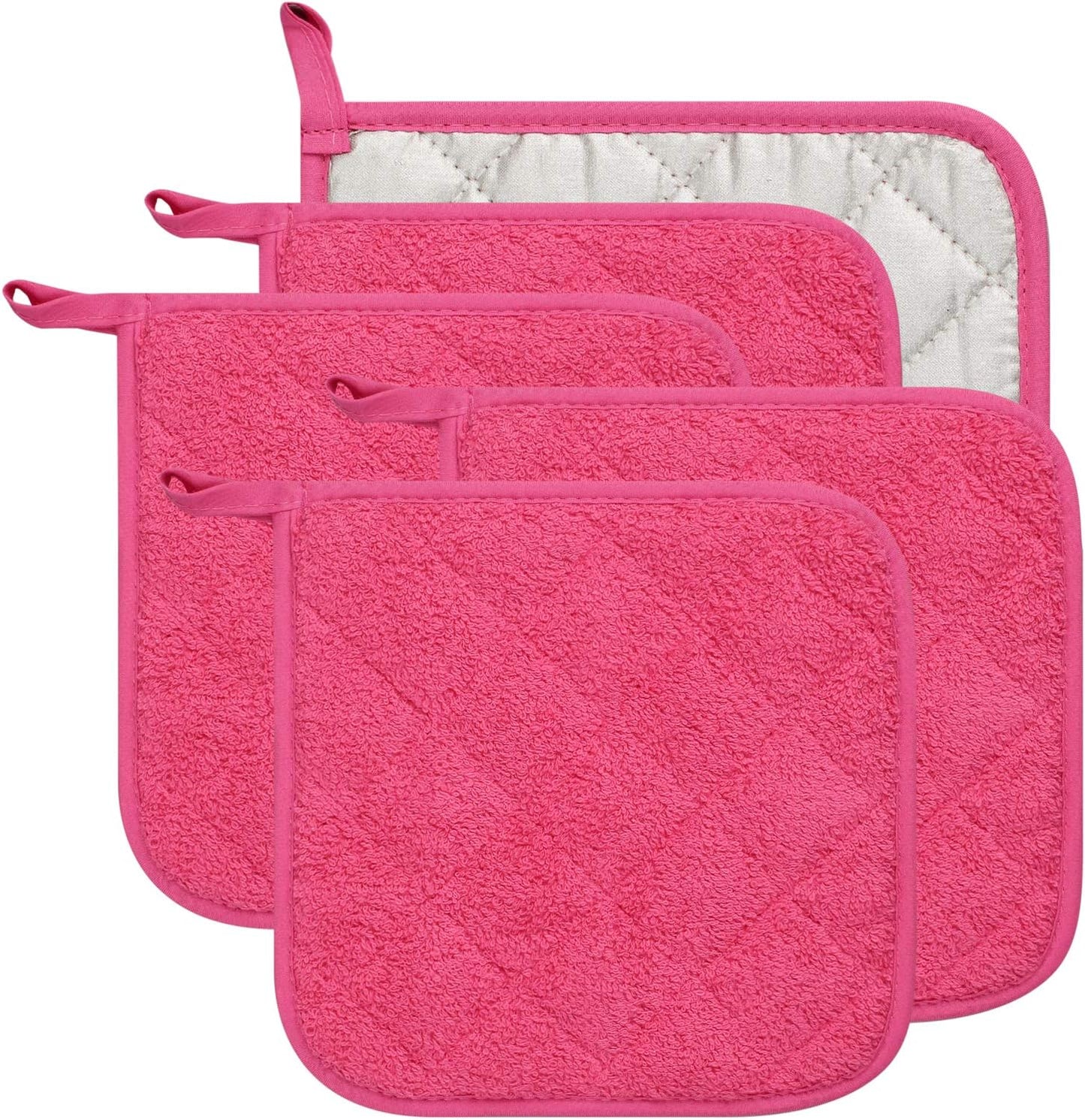 100% Cotton Kitchen Everyday Basic Terry Pot Holder Heat Resistant Coaster Potholder for Cooking and Baking Set of 5 (Dark Pink, Potholder)