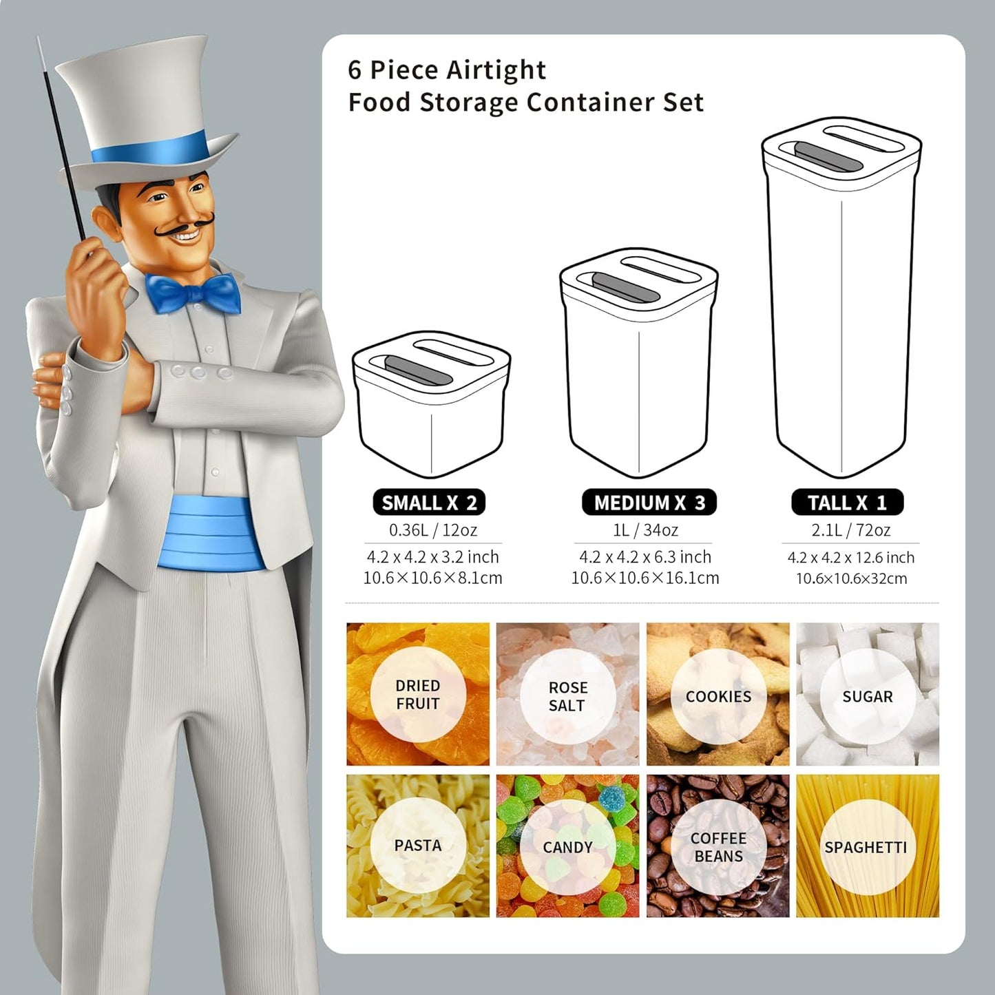 MR.SIGA 6 Piece Airtight Food Storage Container Set, BPA Free Kitchen Pantry Organization Canisters, One-handed Kitchen Storage Containers for Cereal, Spaghetti, Pasta, Black