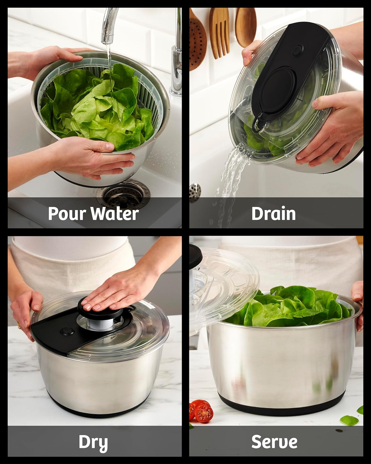 Stainless Steel Pump Salad Spinner Large - Easy Compact Kitchen Tool - Stainless Steel Bowl, Drain & Colander - Lettuce Spinner, Vegetable Dryer, Fruit Washer, Pasta & Fries Produce Strainer - 6.33 Qt