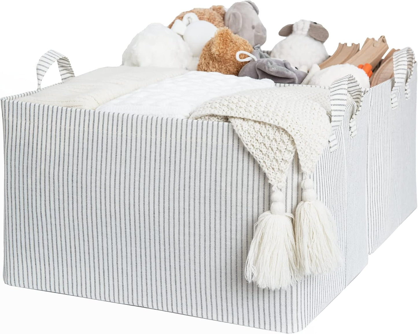 StorageWorks 45L Large Storage Bins for Closet and Shelves, Fabric Organizer Baskets with Metal Frame for Clothes, Towels, Collapsible Storage Basket, Gray and White Stripes, 2-Pack