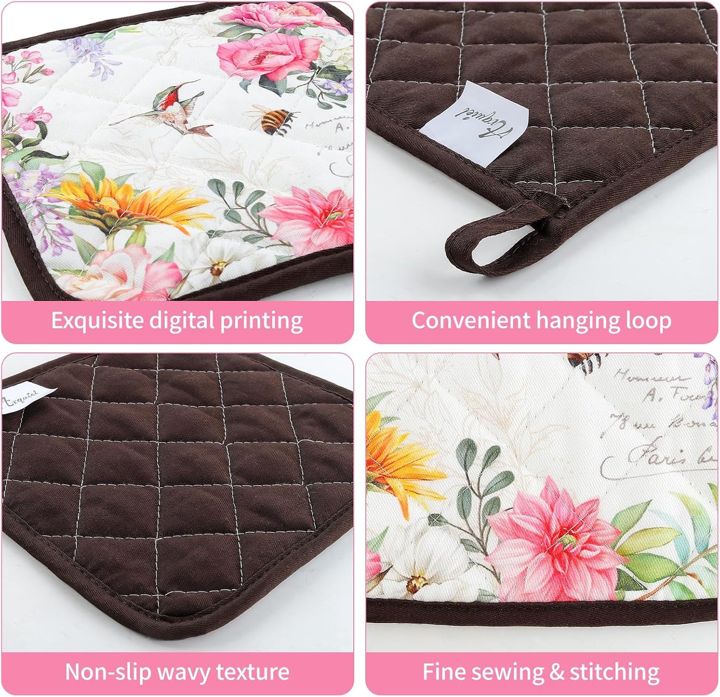 Vintage Flower Oven Mitts and Pot Holders Sets 4Pcs, 100% Cotton Heat Resistant, Extra Long Oven Gloves Potholder for Kitchen Cooking Baking Decoration