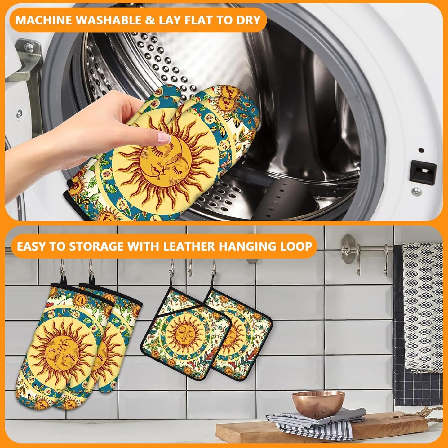 Sun and Moon Oven Mitts and Pot Holders Sets 4Pcs,Extra Long Oven Gloves Potholder for Kitchen Cooking Baking BBQ 100% Cotton Heat Resistant