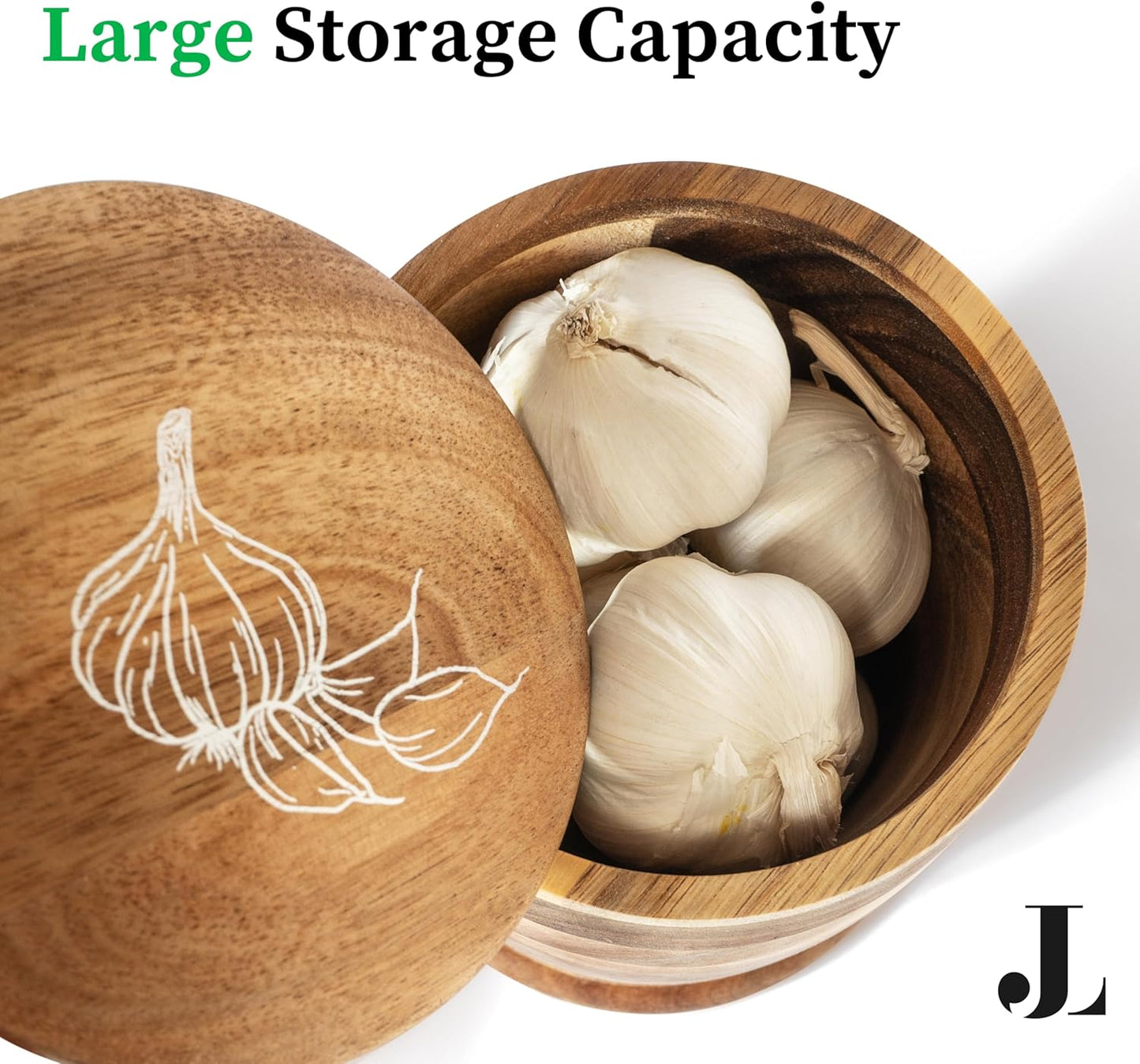 Introducing The Always Fresh Acacia Garlic Keeper For Counter. A Crafted & Large Garlic Storage Holder Jar. A Farmhouse Container Pot Saver.