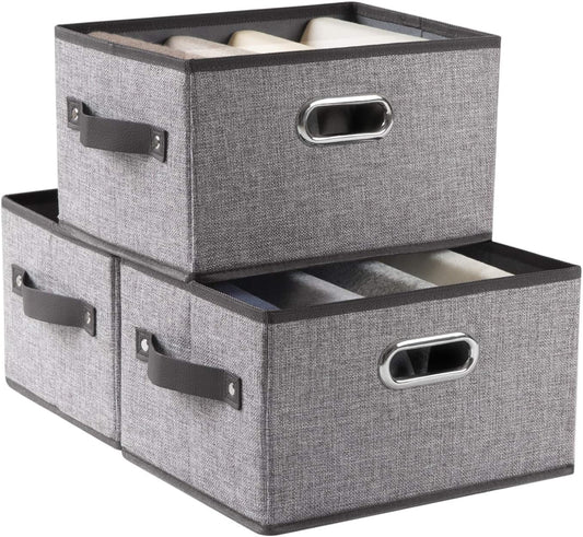 PRANDOM Fodable Storage Bins for Closet [3-Pack] Decorative Fabric Storage Baskets Cubes with Leather/Metal Handles for Shelves Bedroom Living Room Grey (11.5x8.5x6.7 Inch)